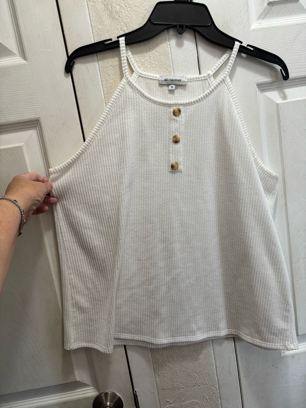 Set the Stage Cream Ribbed Halter Camisole with Button Front